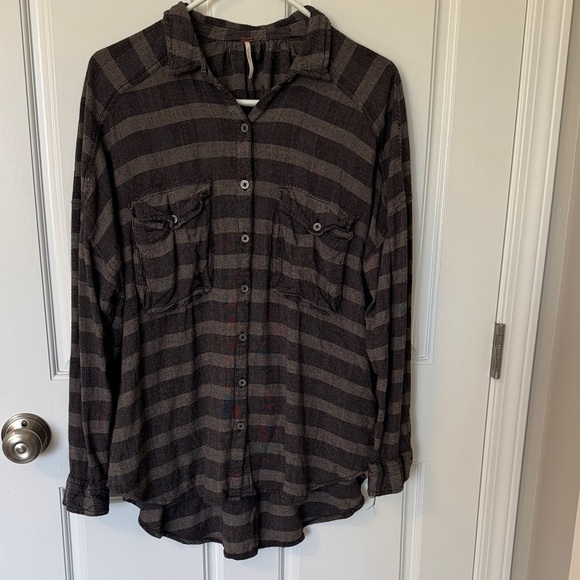 Free People Tops - Free People Oversized Brown & Black Striped Button-Down Shirt